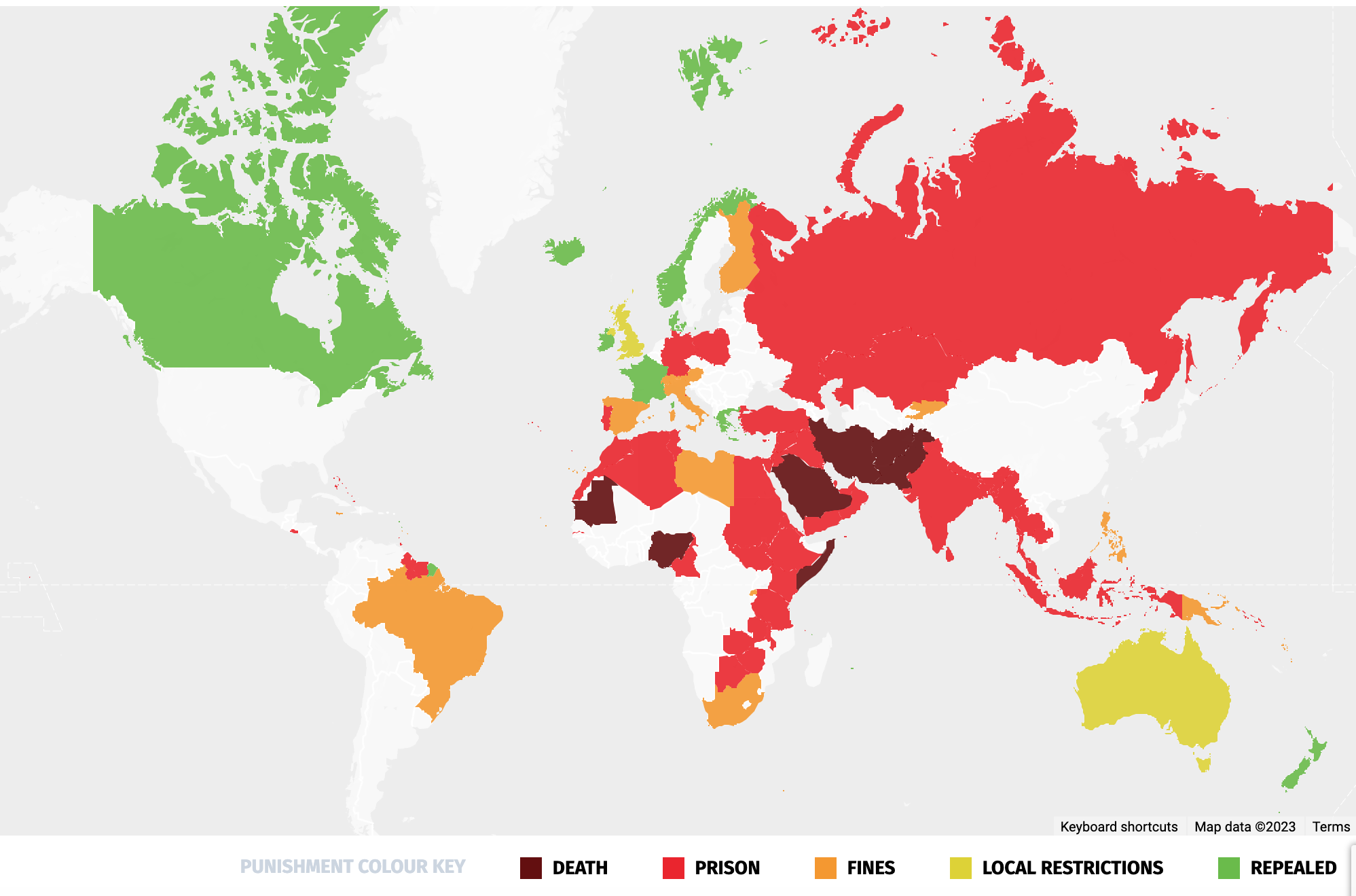A map depicting punishment types for blasphemy around the world